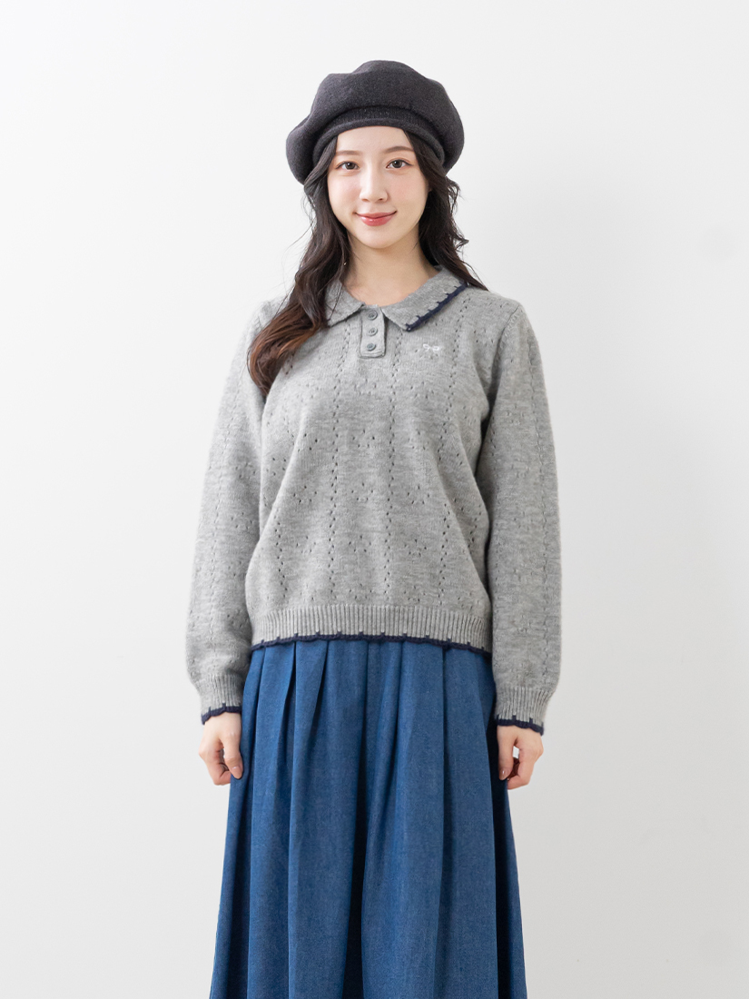 翻領滾邊配色蝴蝶結挑洞針織上衣