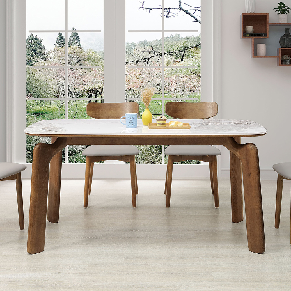 巴德5.3尺白色岩板實木餐桌/休閒工作桌/長桌/會議桌-胡桃色