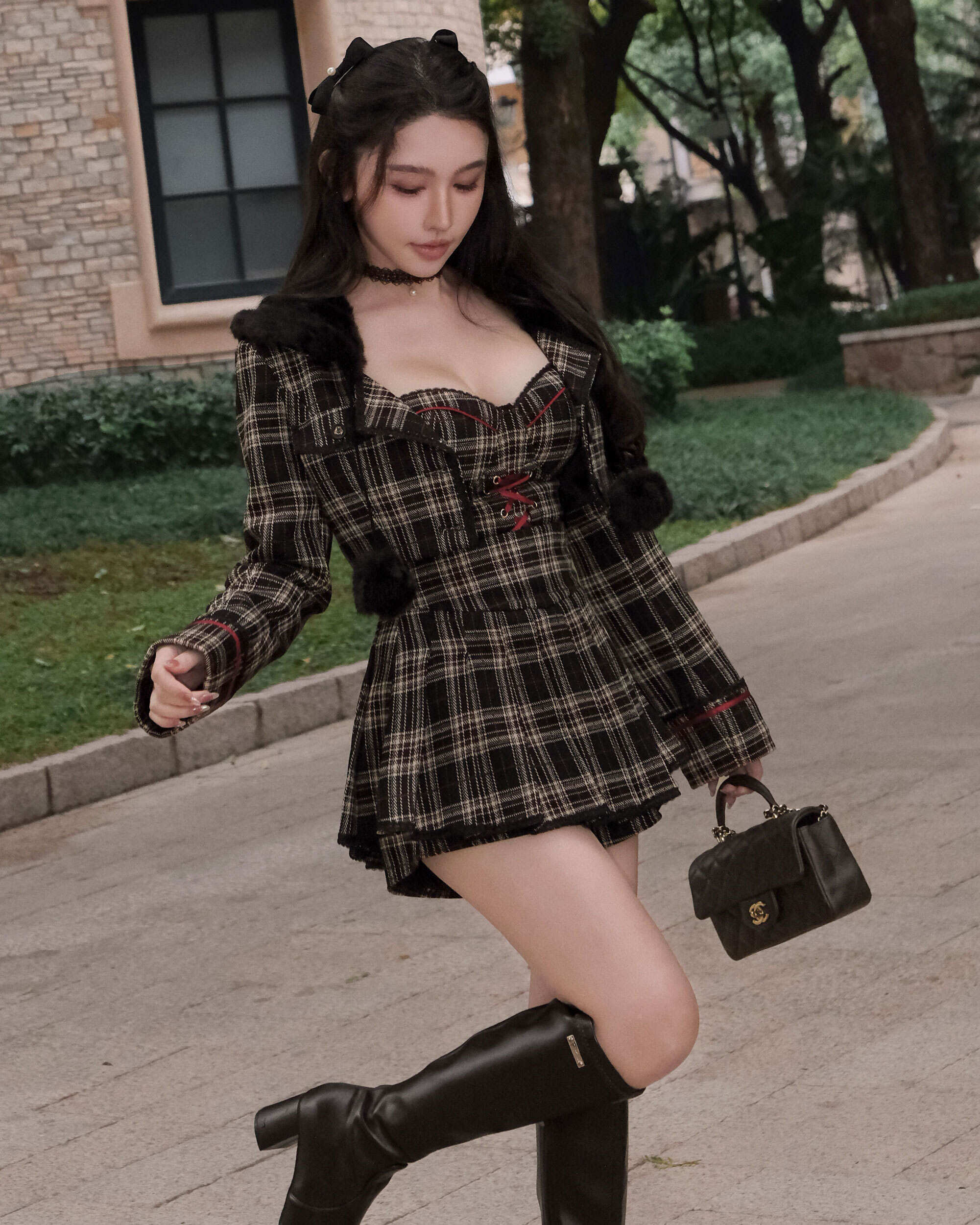 訂製-英式格紋蕾絲X緞帶毛領短外套