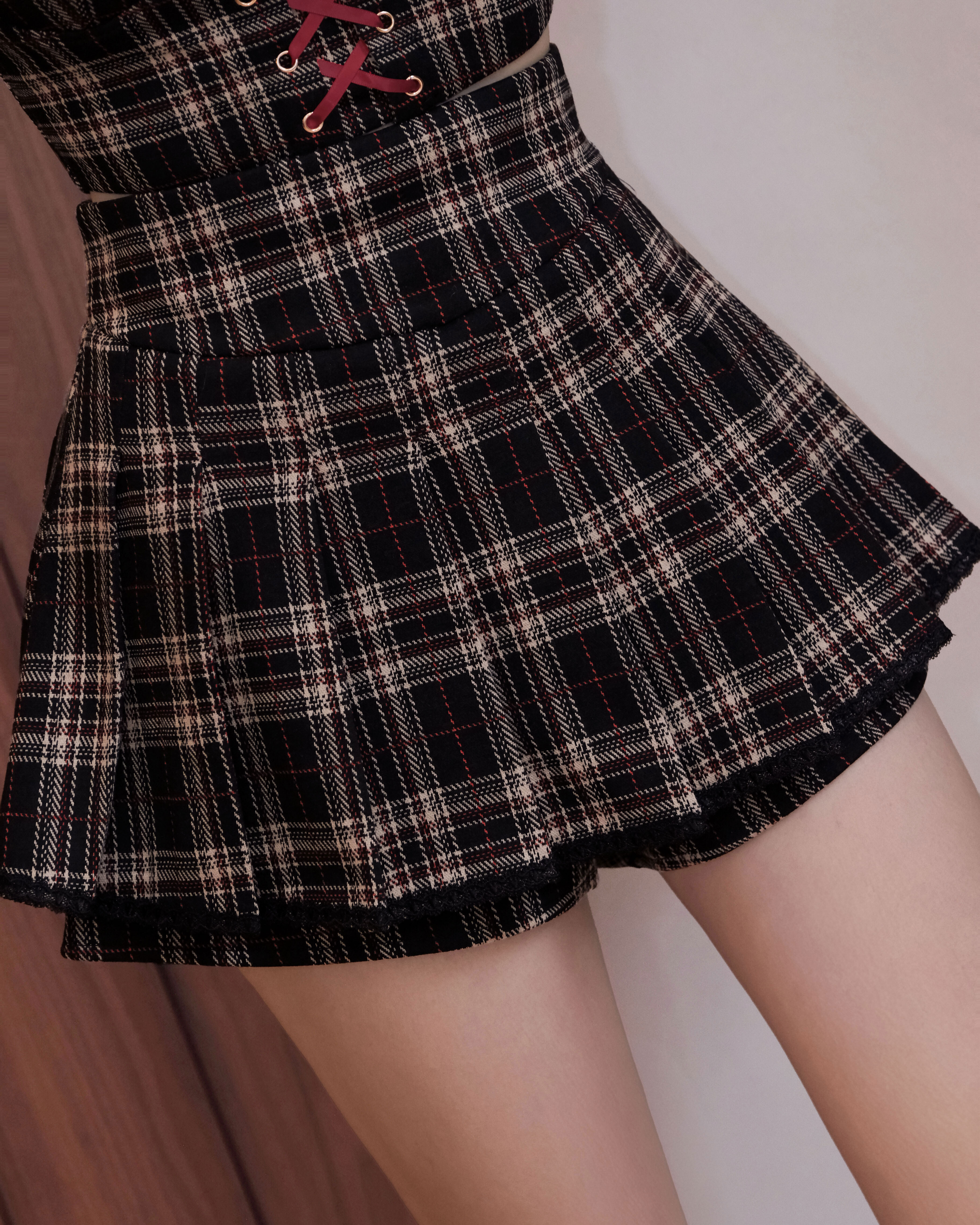 訂製-英式格紋蕾絲百褶褲裙