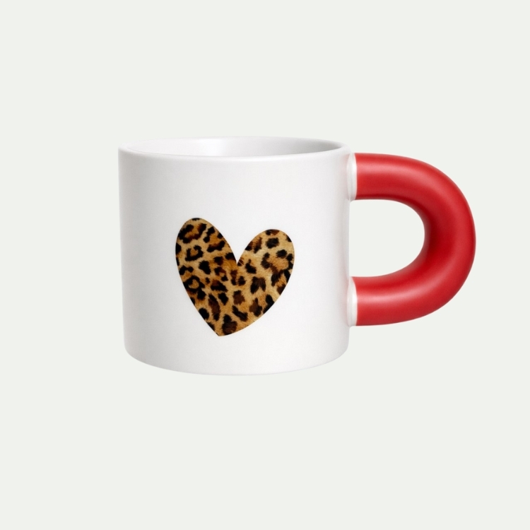豹紋愛心白紅撞色馬克杯