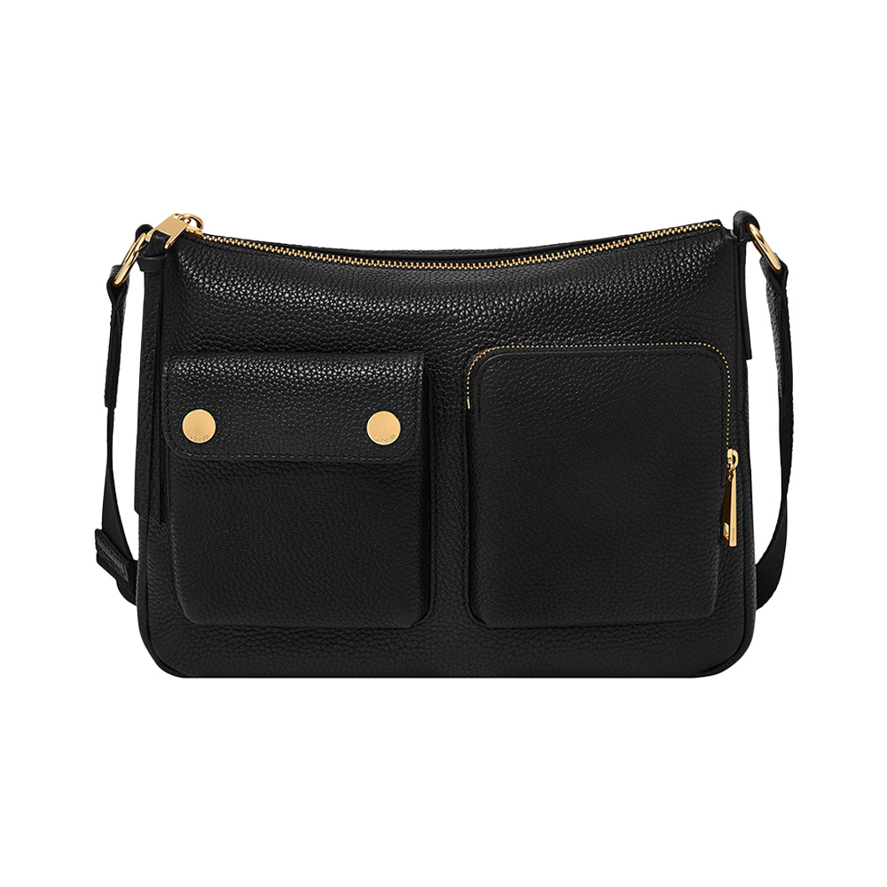 Maysen 真皮雙口袋 斜背包-黑色 ZB11209001