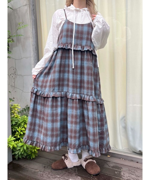 日本預訂 WINTER SALE WO 法蘭絨格紋長版吊帶裙