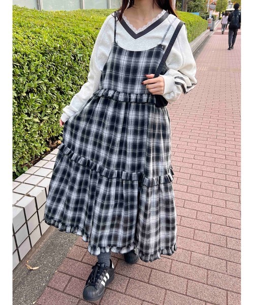 日本預訂 WINTER SALE WO 法蘭絨格紋長版吊帶裙