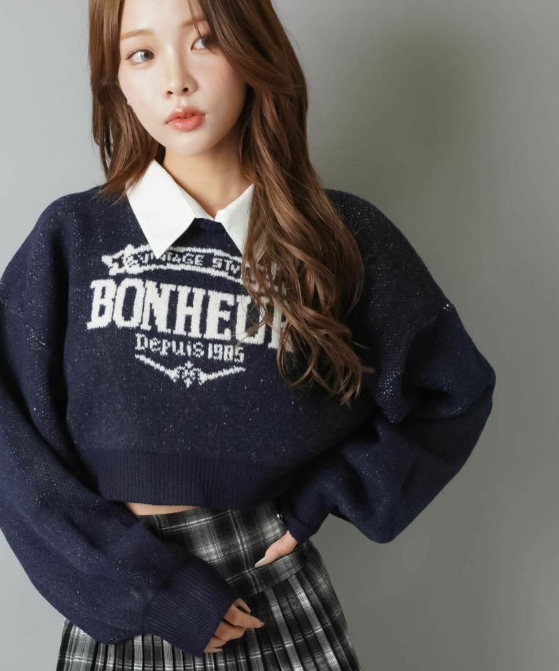 日本預訂 WINTER SALE SS 雙面穿疊層短款針織衫，附可拆式領子