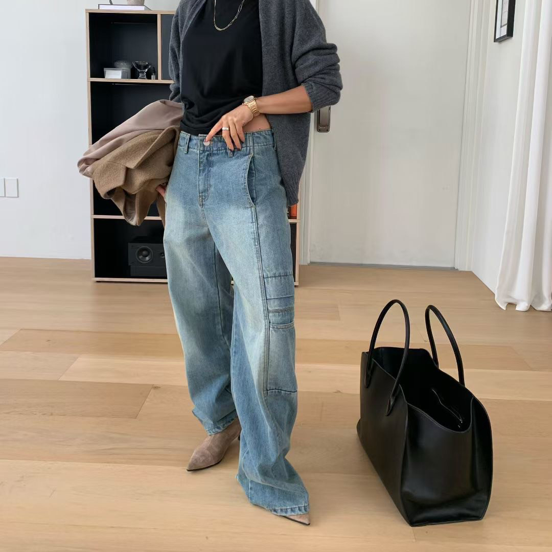 獨特感車線造型刷色直筒牛仔褲-S-L