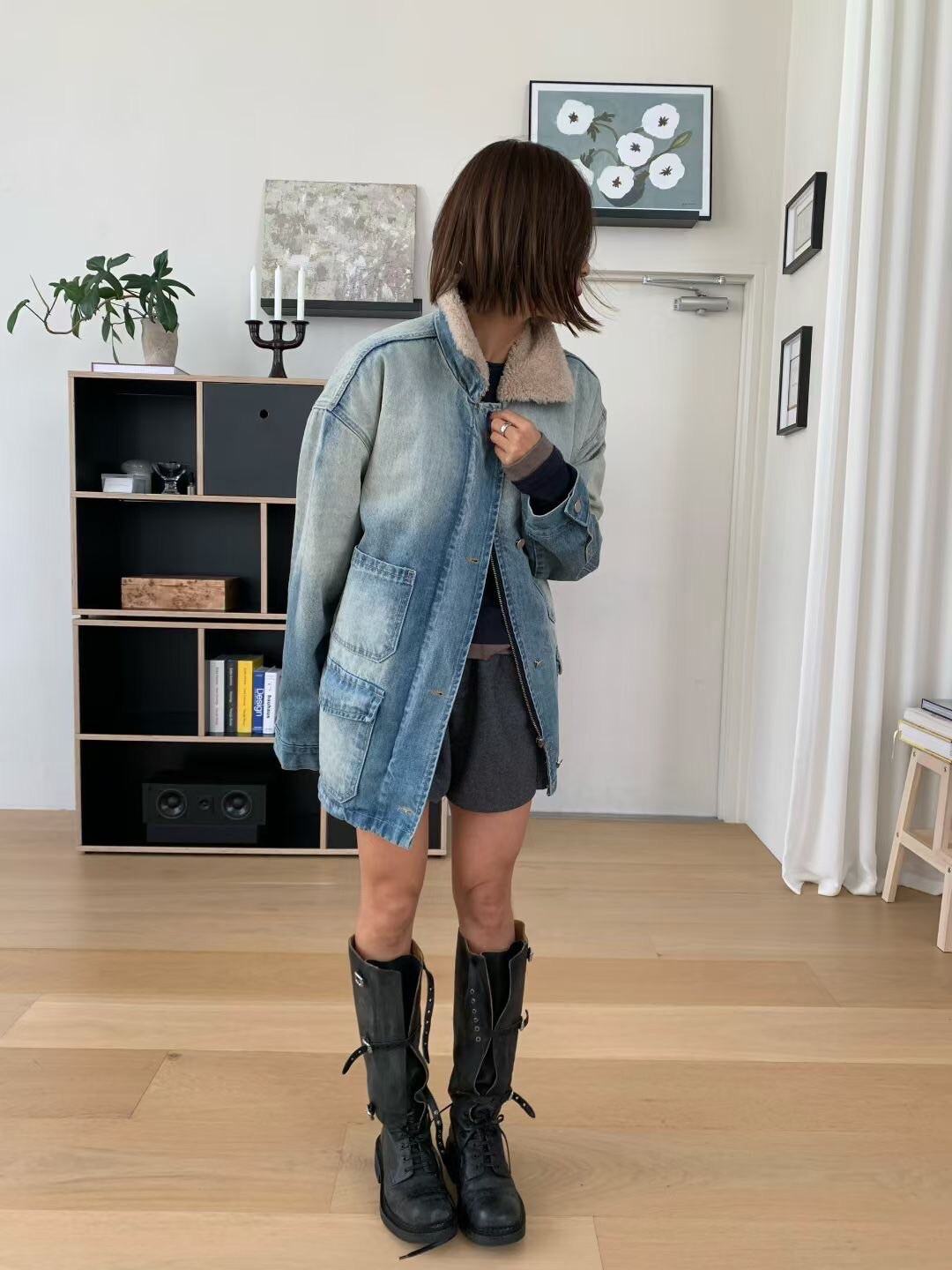 白色QQ毛領片造型刷色寬鬆感牛仔外套