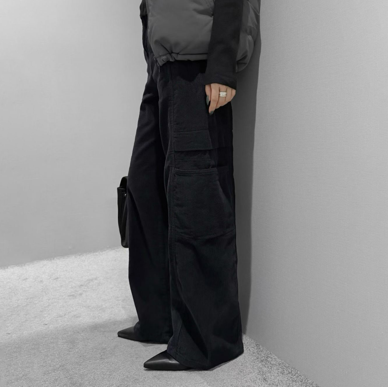 側大口袋造型燈芯絨工裝長褲-S-Ｍ / 3色