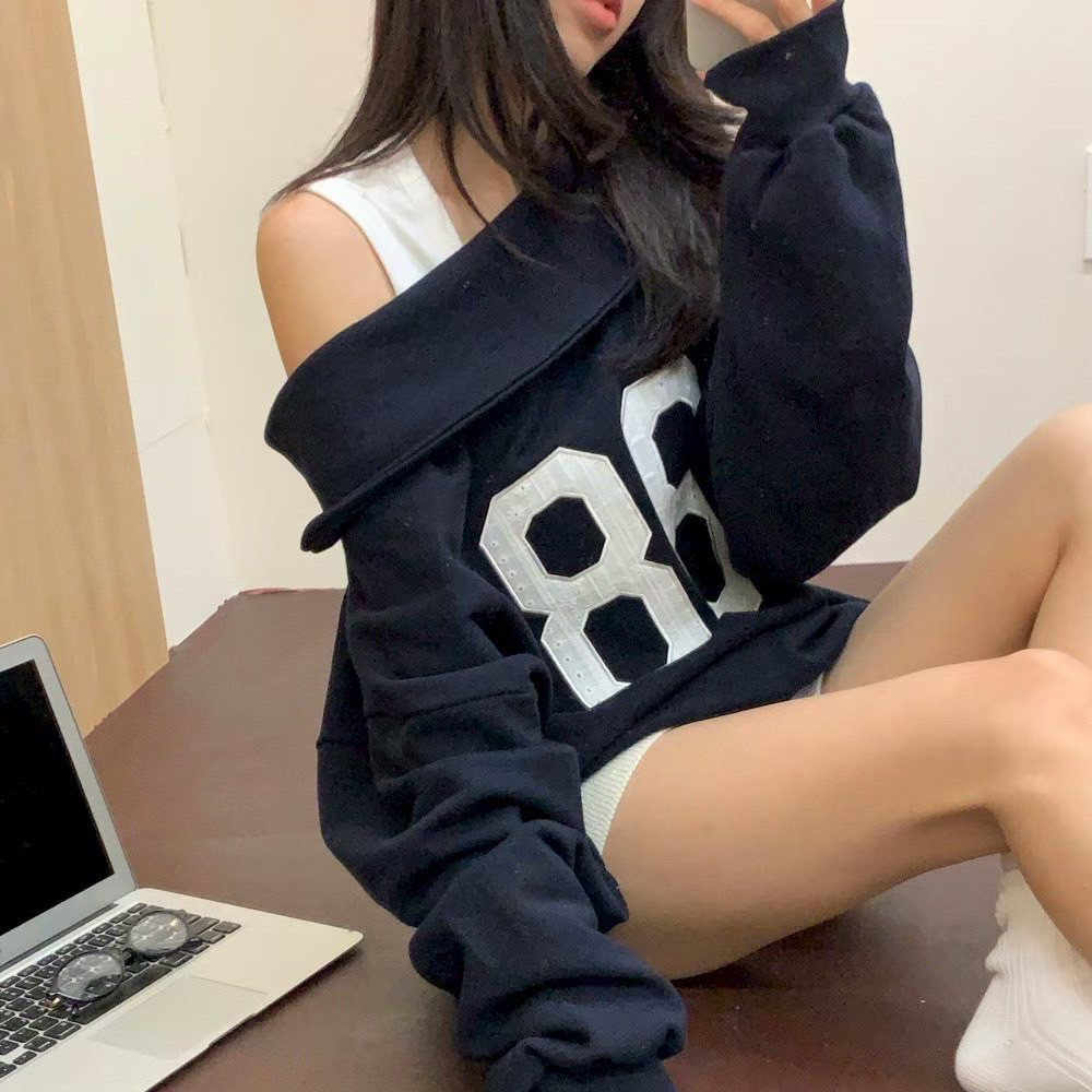 單邊露肩造型配色88字母衛衣大學TEE / 2色