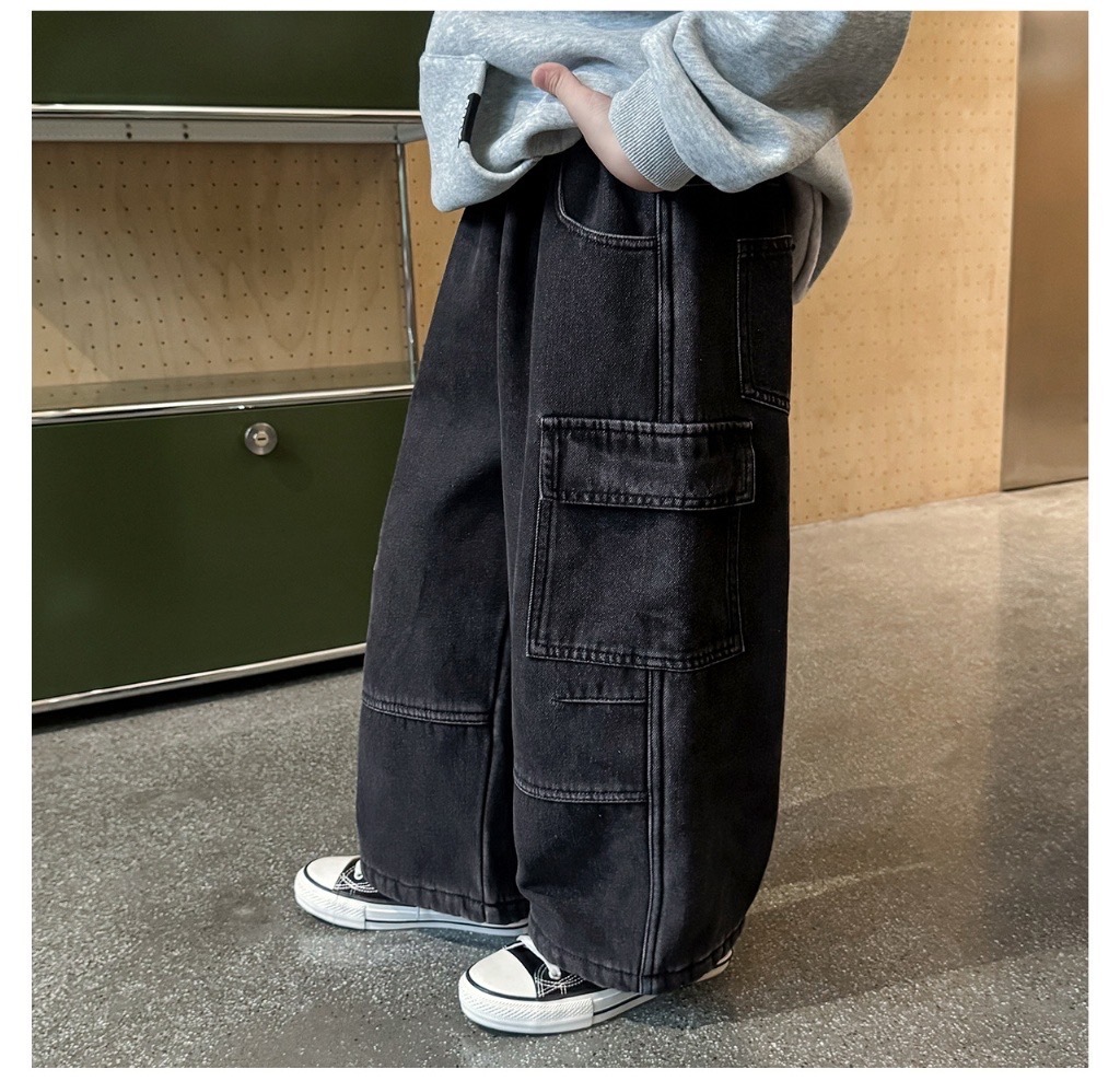 黑灰工裝大口袋磨毛牛仔褲