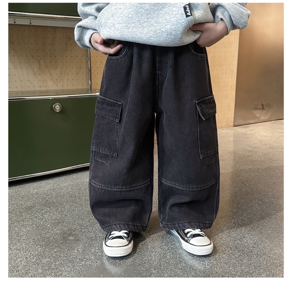 黑灰工裝大口袋磨毛牛仔褲