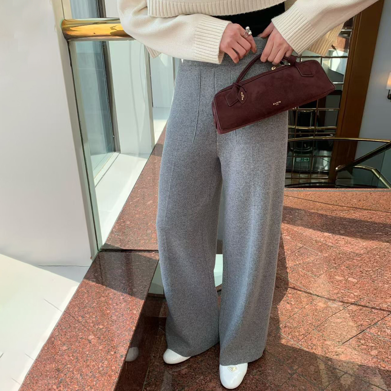 高腰長腿雙口袋造型針織褲長褲-F / 3色