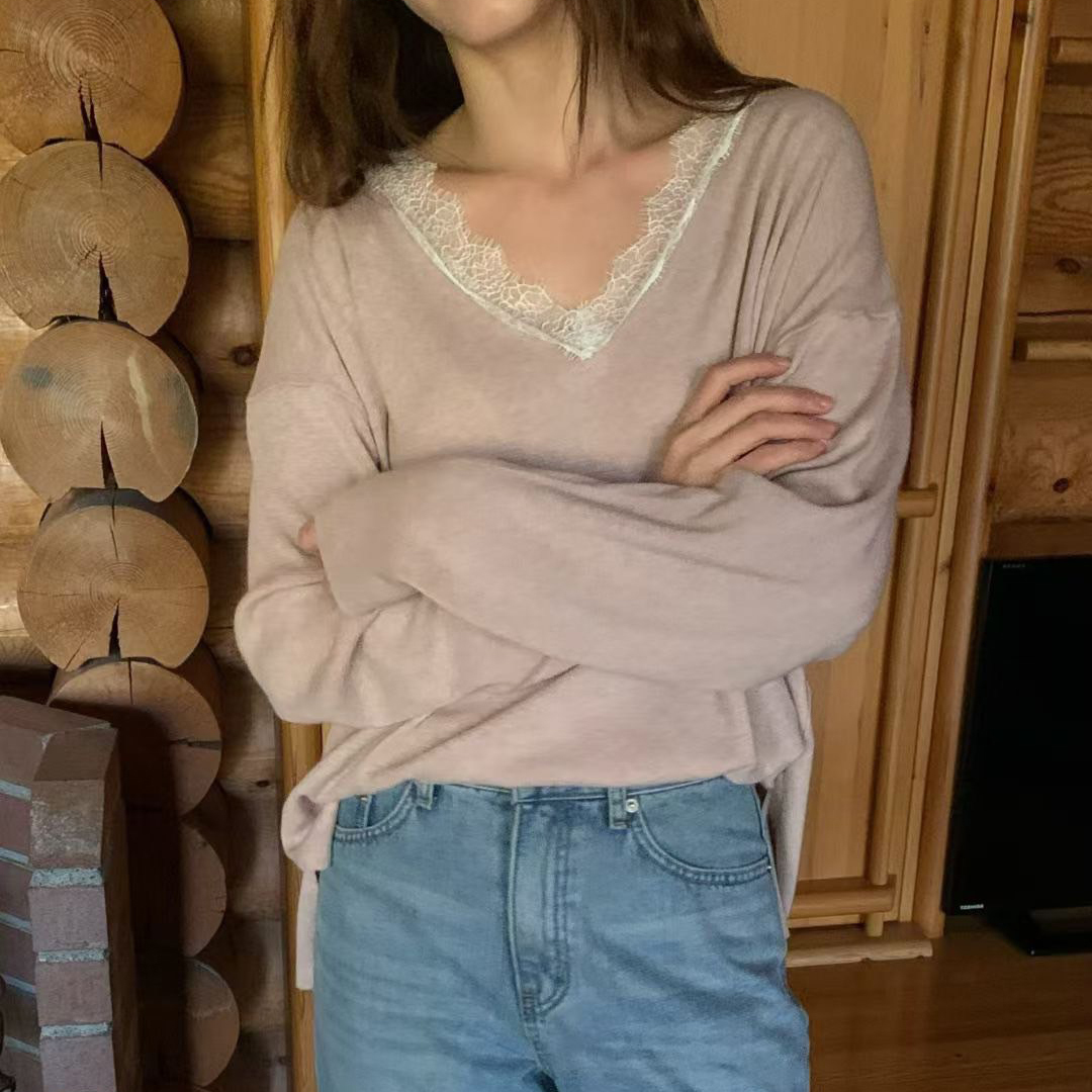 白色滾邊雕花蕾絲V領長袖羊毛上衣-F / 3色
