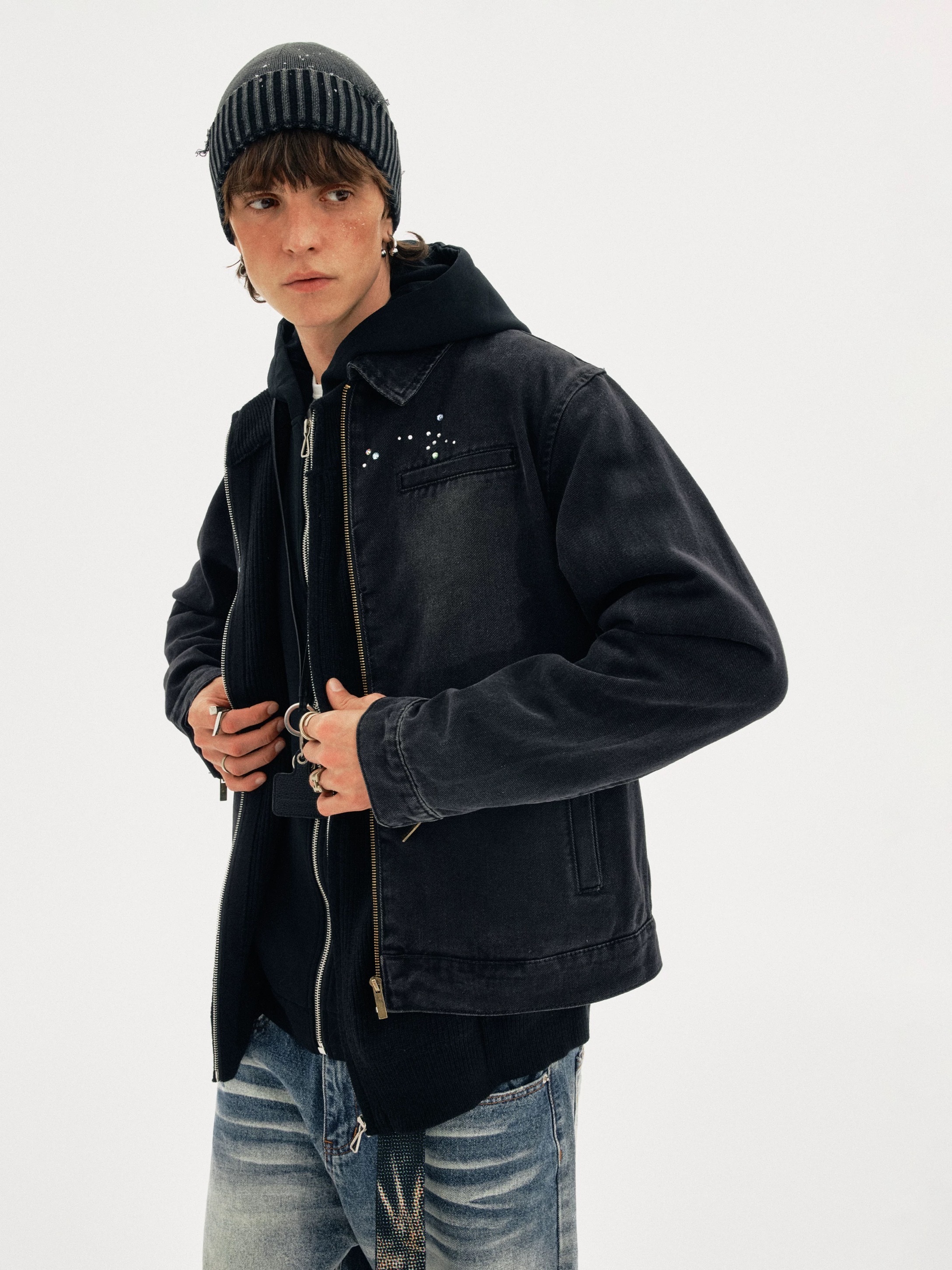 - SIMPLEACTION - 美式復古翻領燙鑽外套