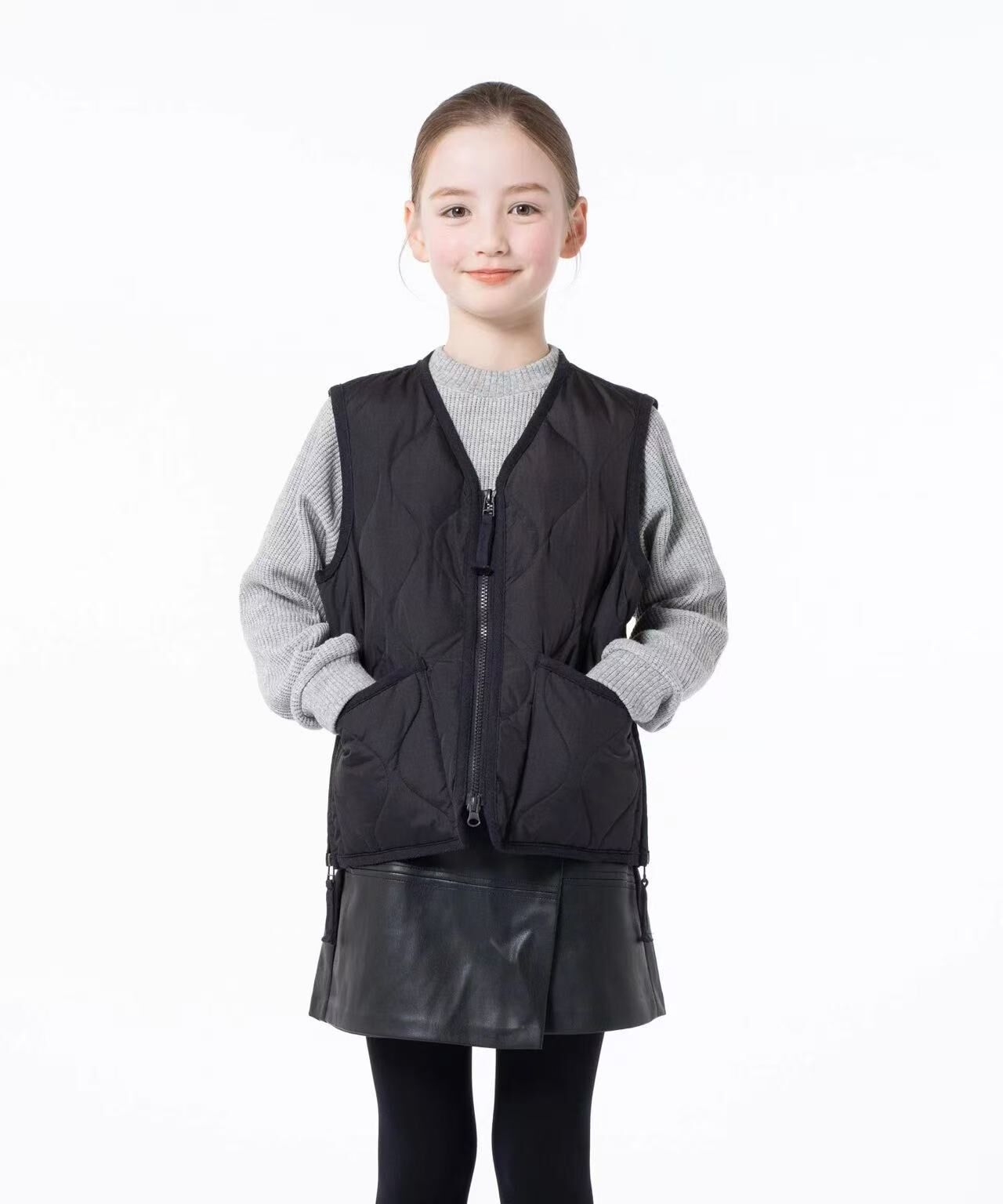 TAION KIDS MILITARY V-NECK ZIP DOWN VEST TAION-K001ZML-1 BLACK