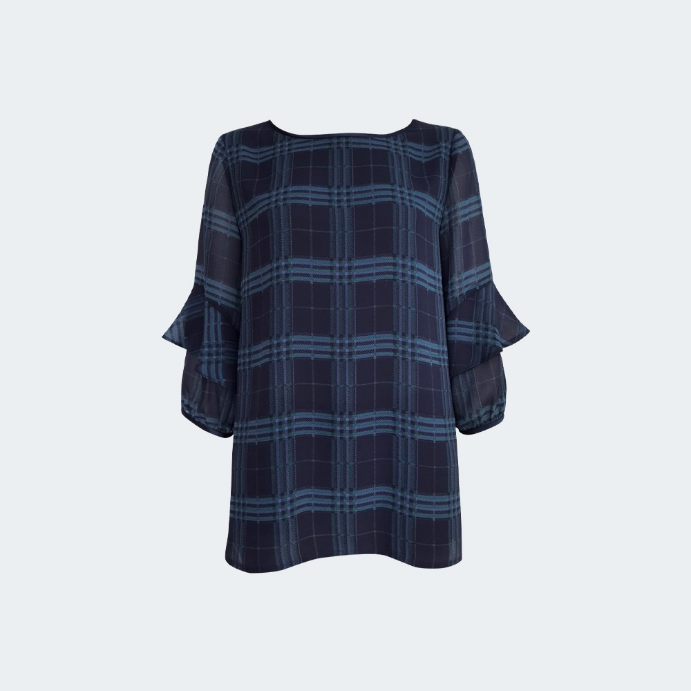 日系格紋輕柔荷葉袖上衣