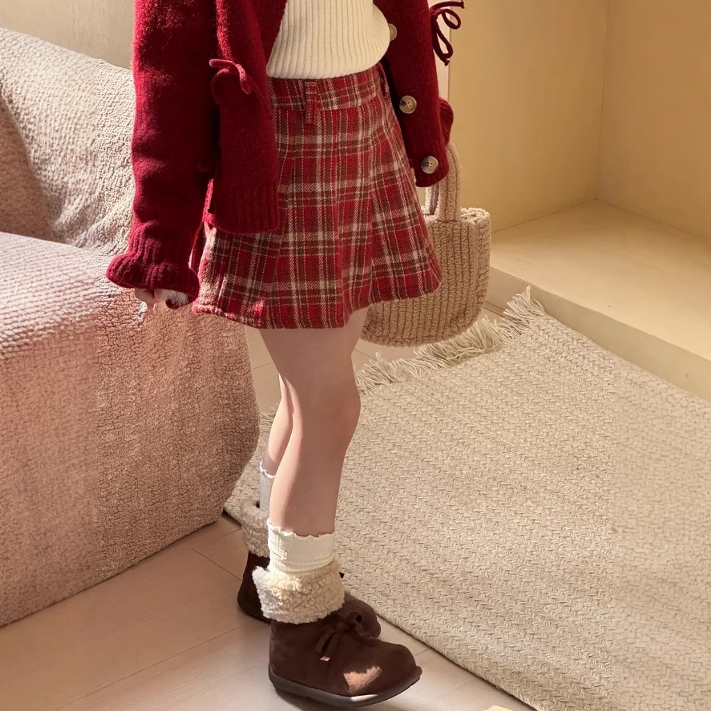 可愛格紋毛呢百褶短裙
