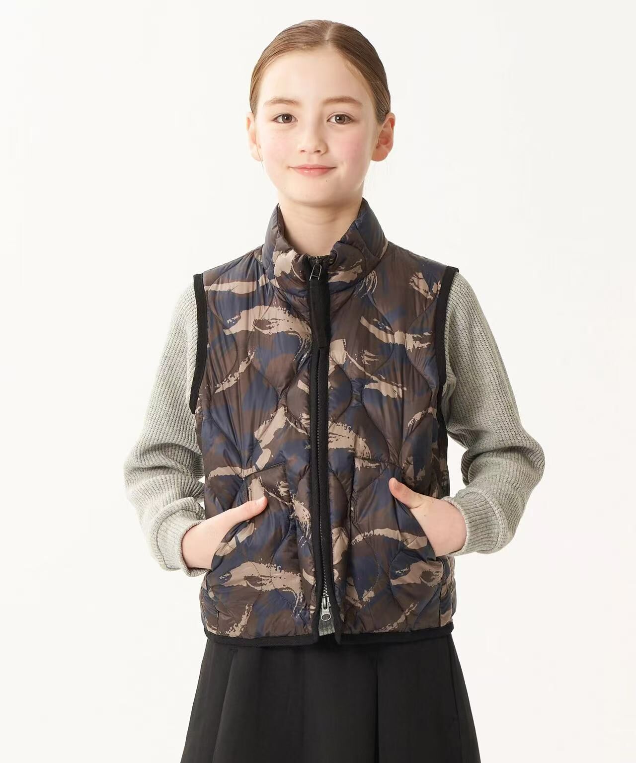 TAION KIDS MILITARY HIGH NECK DOUBLE ZIP DOWN VEST TAION-K002ALSZML-1 PAINT CAMO