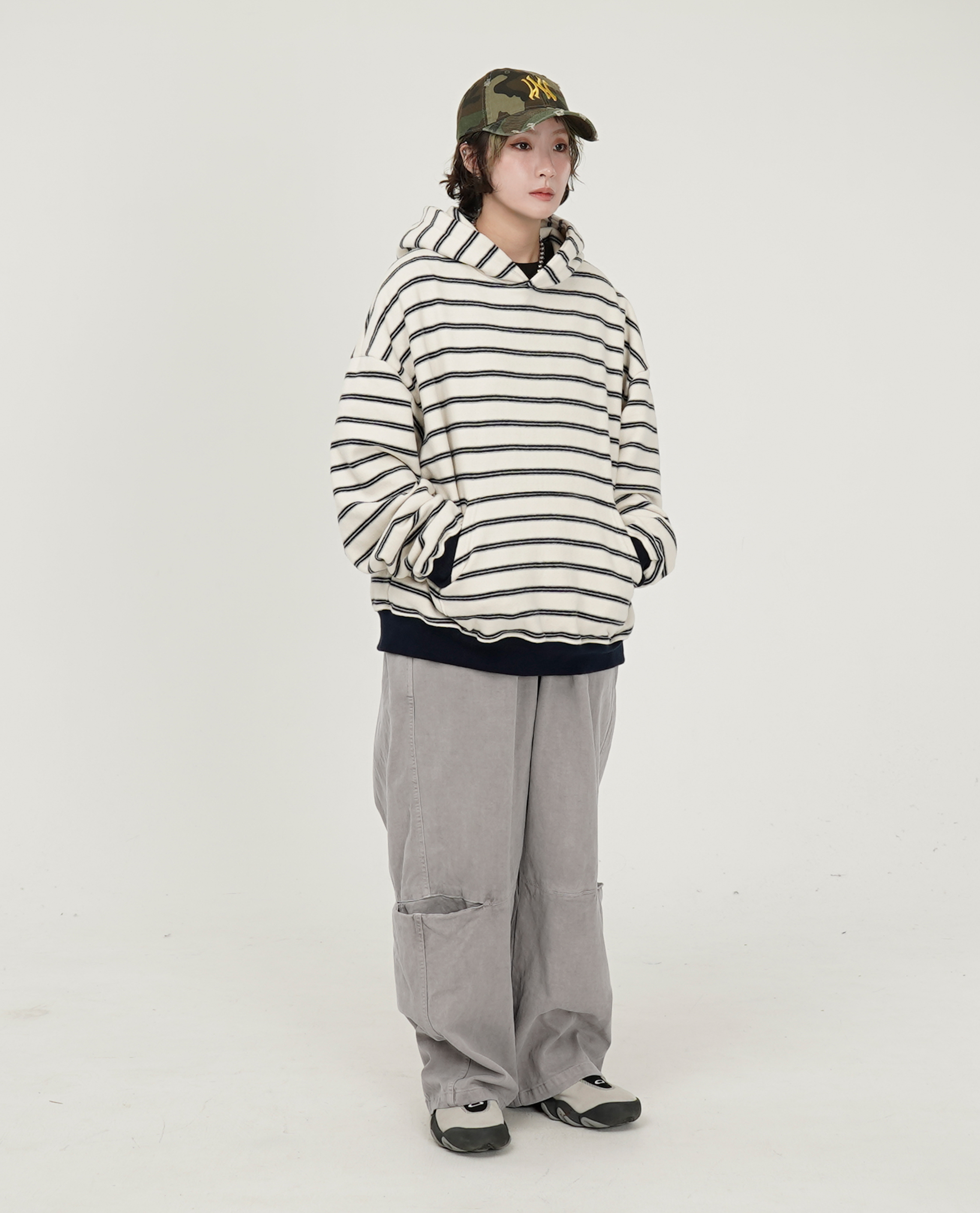 水洗綁繩膝切口口袋直筒褲