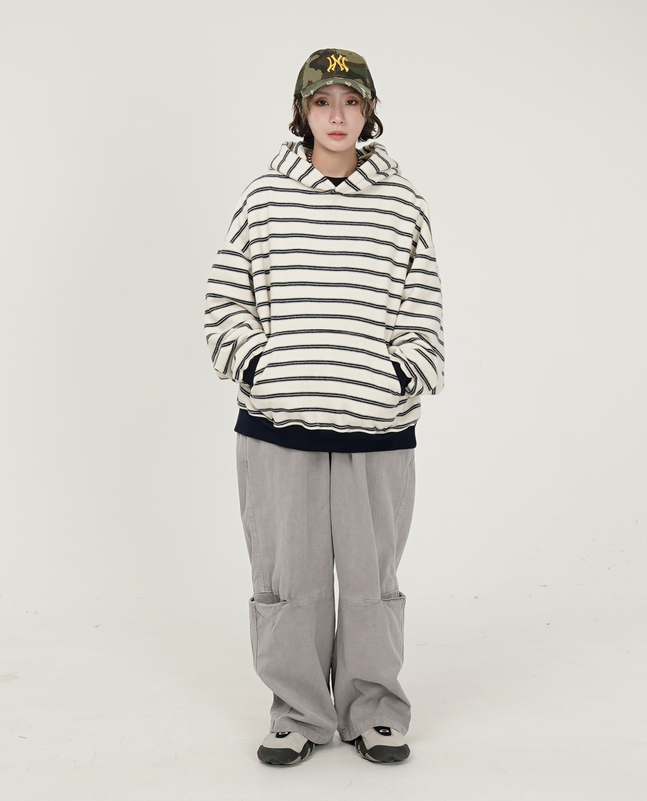 水洗綁繩膝切口口袋直筒褲