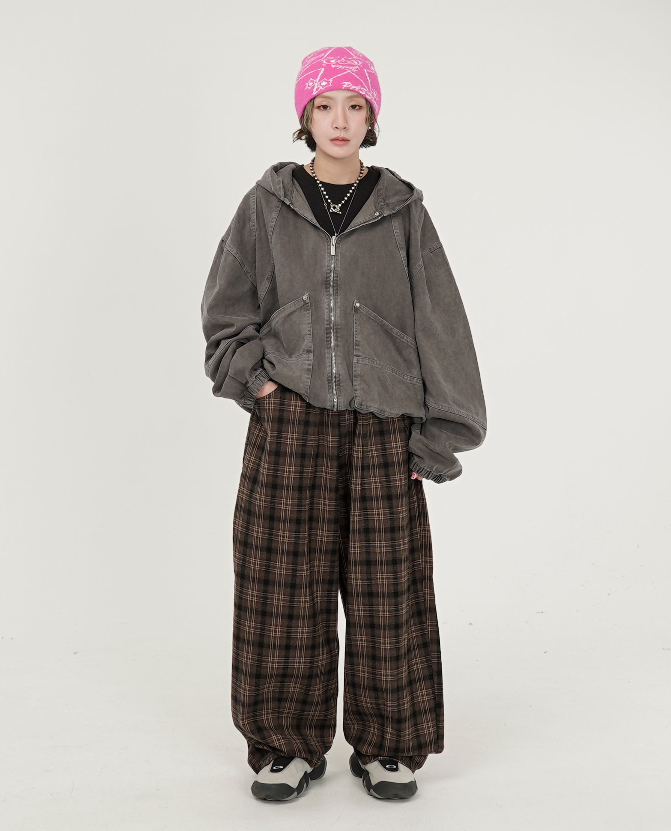 格紋內綁繩法蘭絨褲