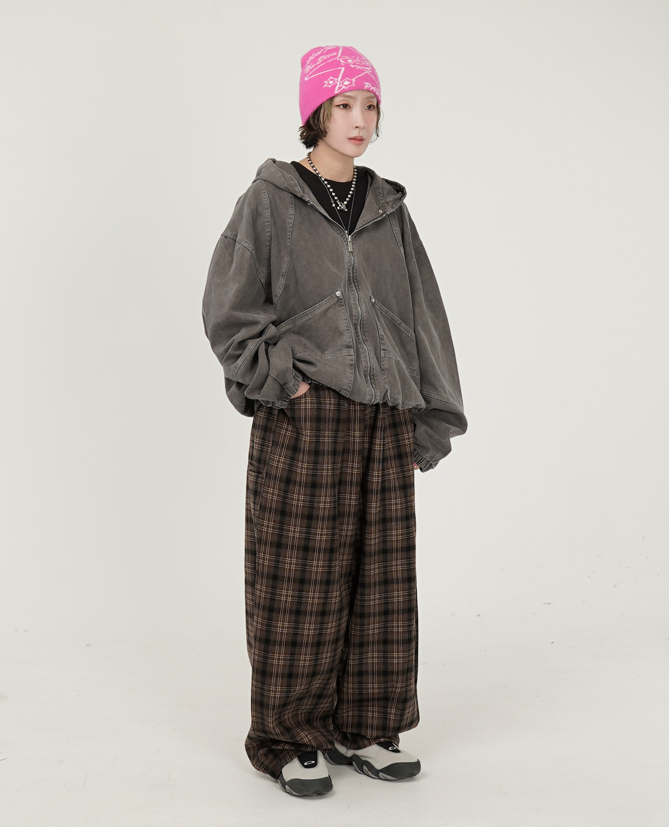 格紋內綁繩法蘭絨褲