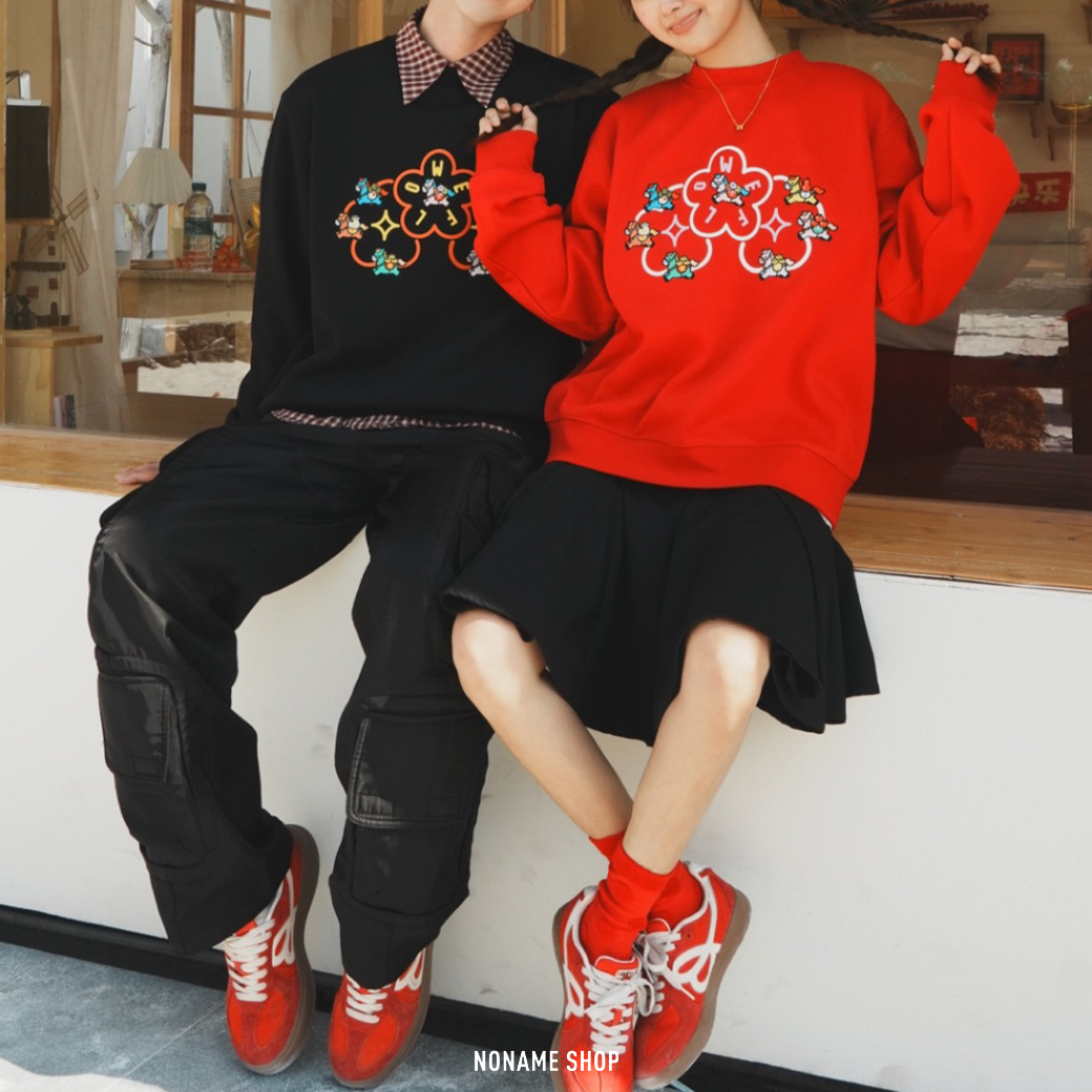 WE FLOWER CNY 馬年限定 馬上生財 印花LOGO 刷毛 大學TEE 長袖 三色 (男款)