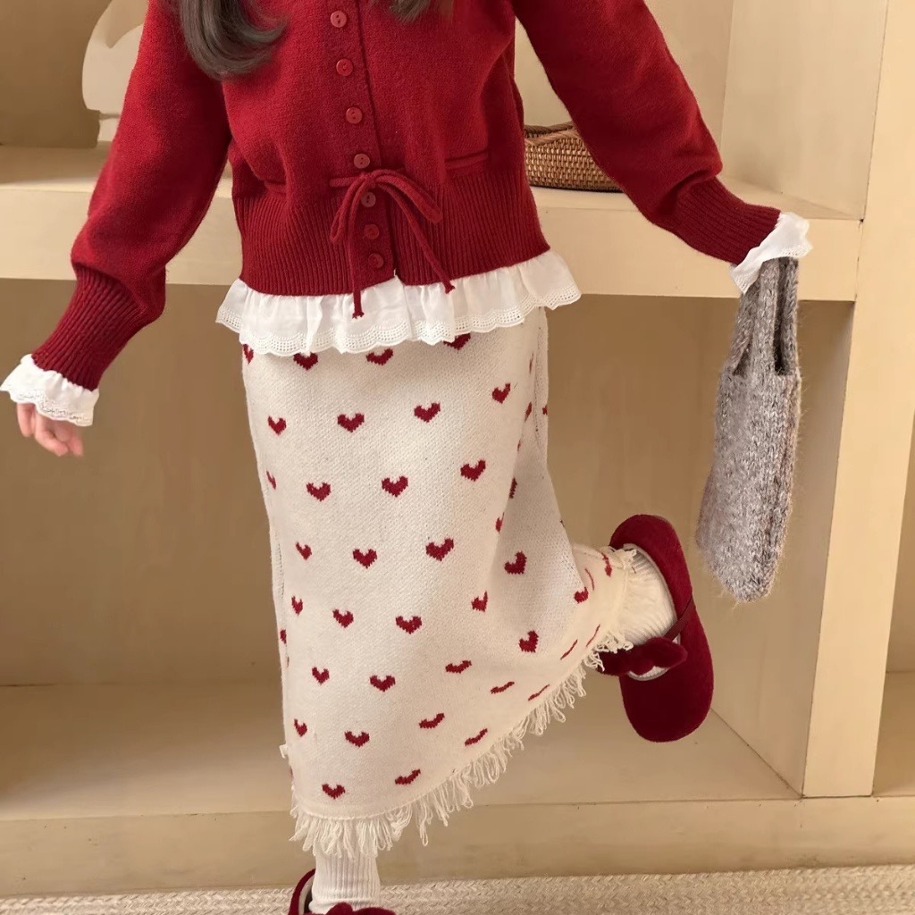愛心針織流蘇擺長裙