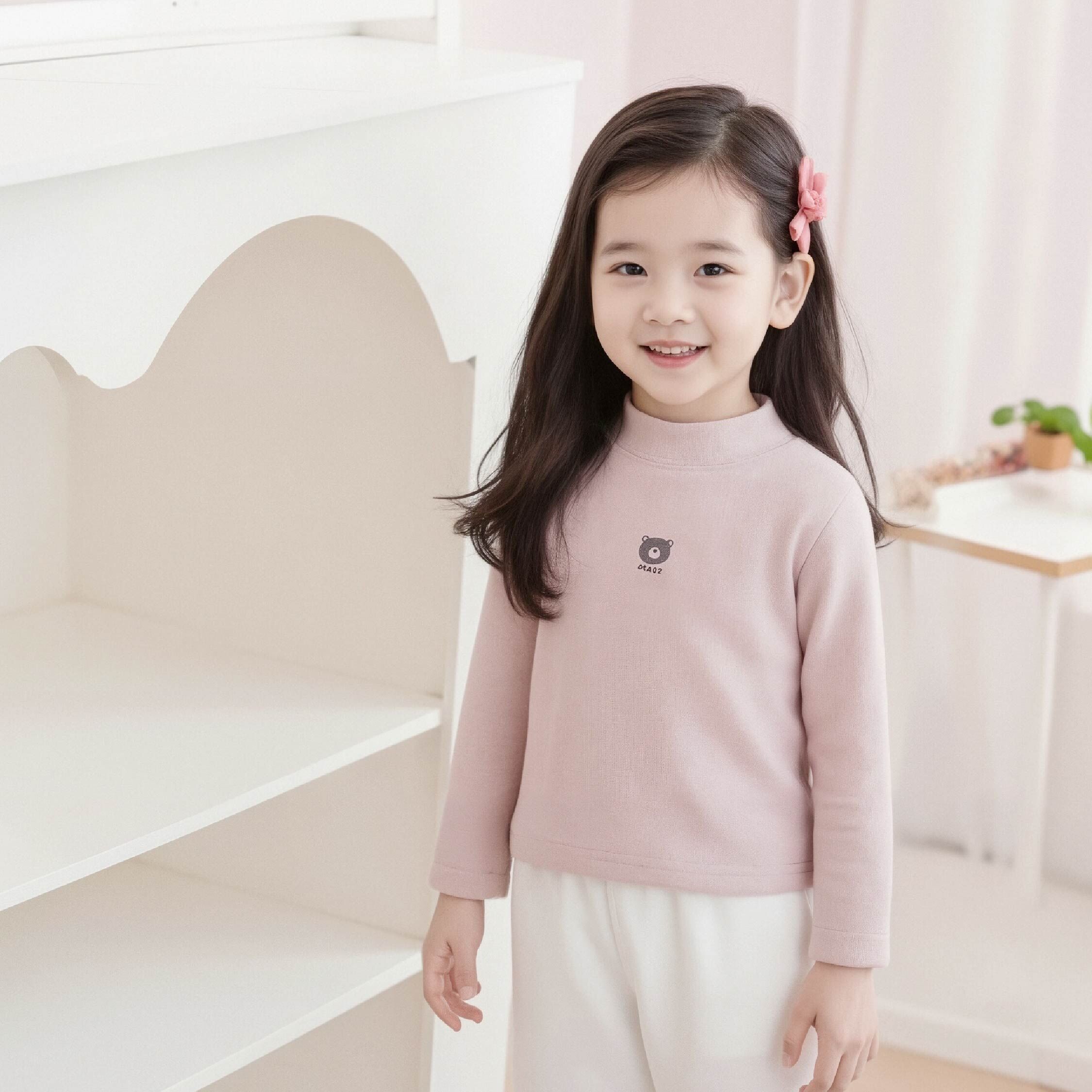 【H55761】小熊彈力磨毛立領上衣/內搭衣＊五色