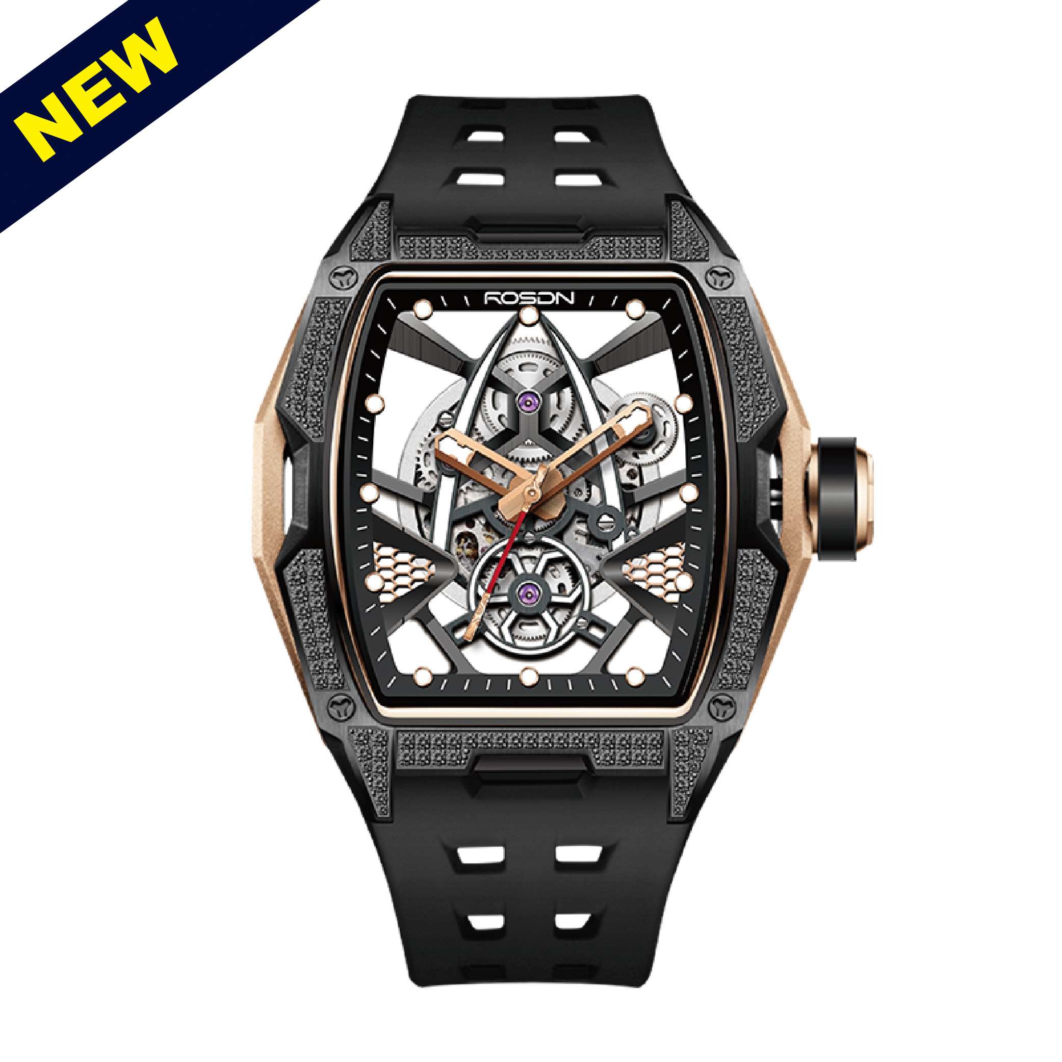 【ROSDN勞士頓】悟空系列-G2712 前衛 科技 潮流 鏤空 晶鑽錶殼 矽膠 機械 手錶