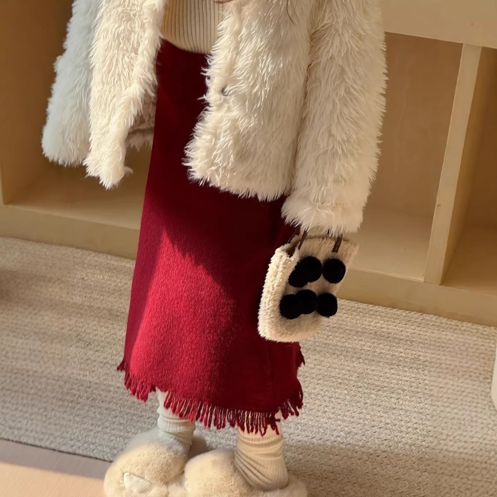 酒紅流蘇襬針織長裙