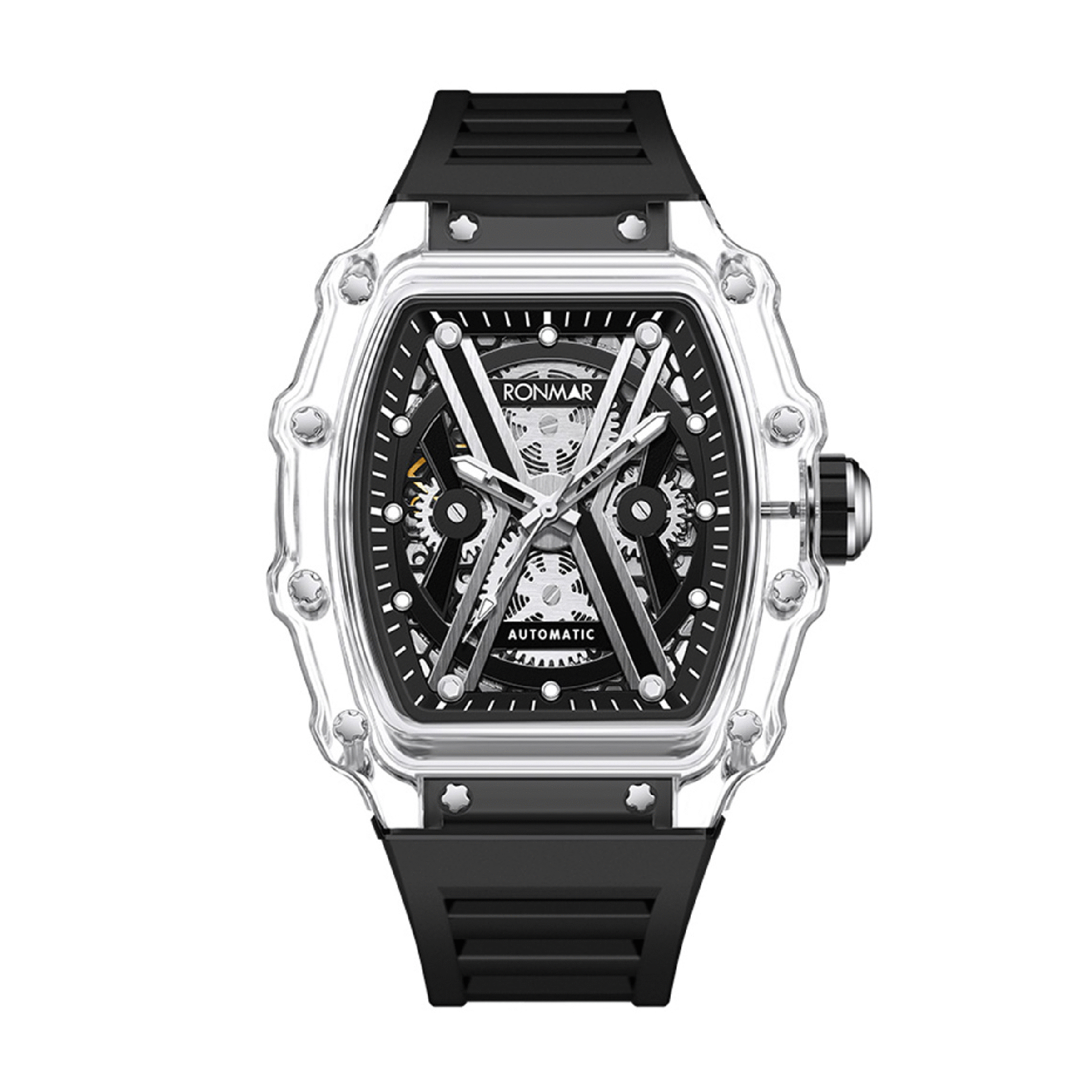 【RONMAR羅馬】冰原系列 RM-BA01 酒桶款 夜光指針刻度 高透光PMMA錶殼圈 鏤空錶蓋 動力儲存 機械 手錶