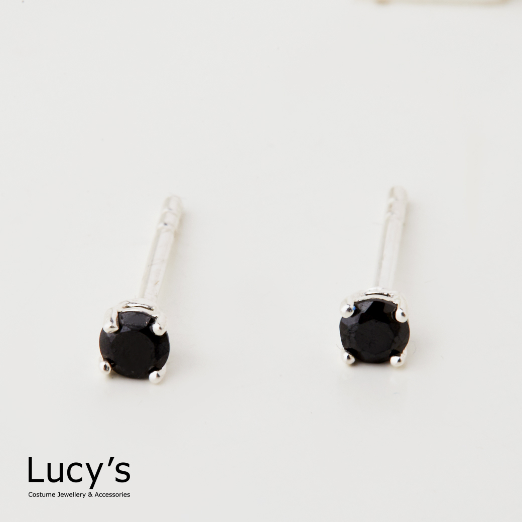 925純銀 四爪圓黑鑽-小 耳環 (23201)