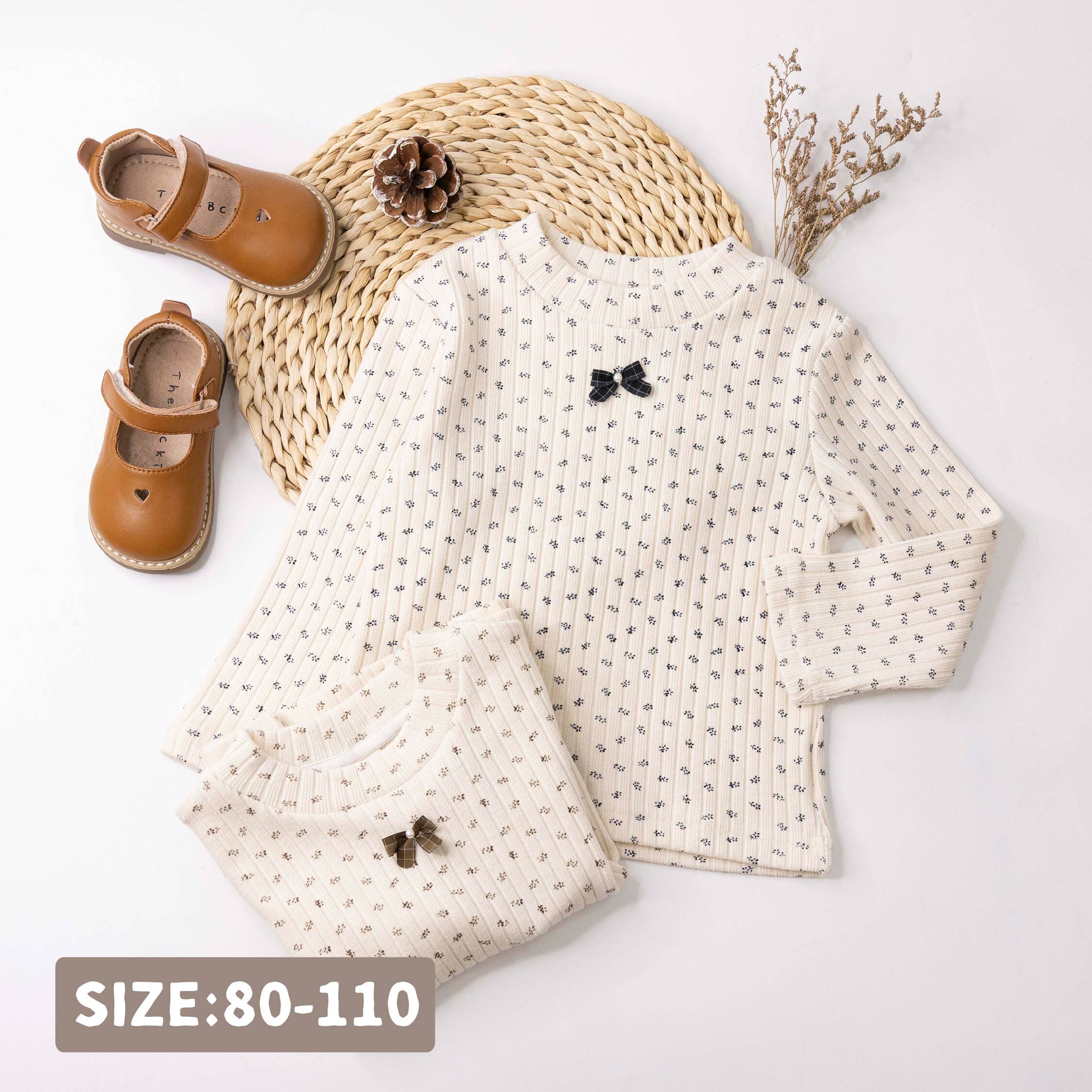 【H55746】蝴蝶結碎花彈力上衣/內搭衣＊二色