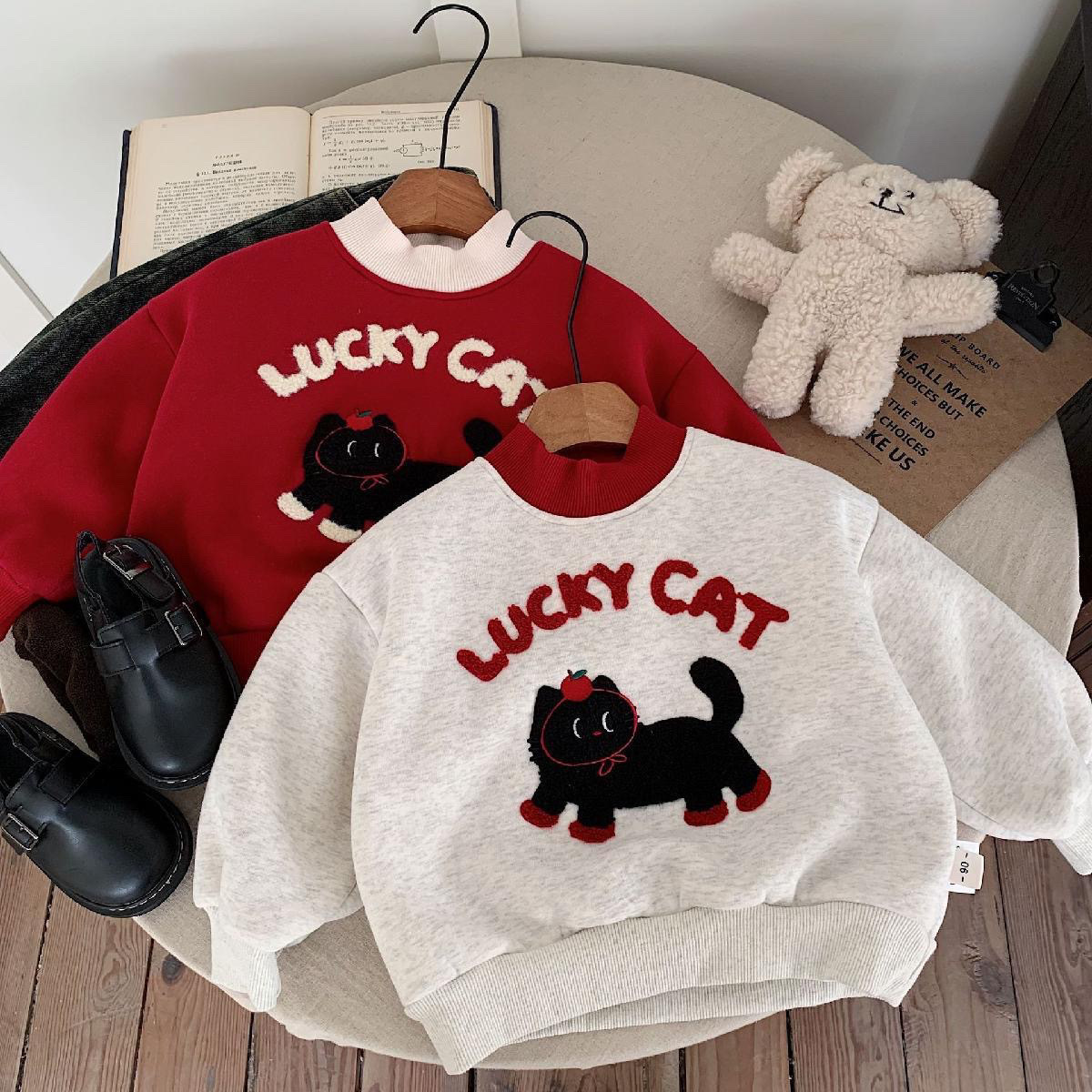 【H0003】lucky cat幸運小貓加絨圓領衛衣(80-130)