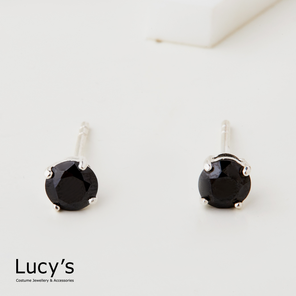 925純銀 四爪圓黑鑽-大 耳環 (23218)