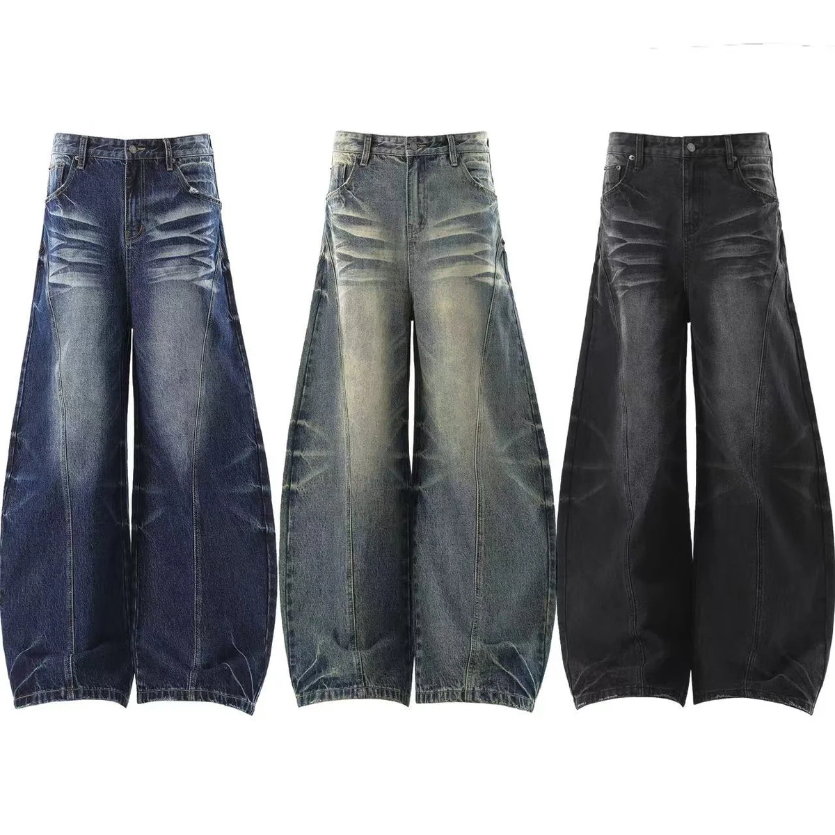 【車庫服飾】水洗廓腿牛仔長褲
