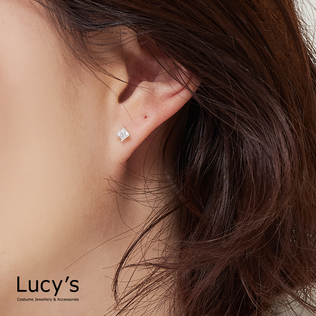 925純銀 四爪方鑽-小 耳環 (23210)