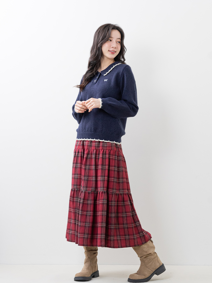 翻領針織上衣格紋法蘭絨長裙組合