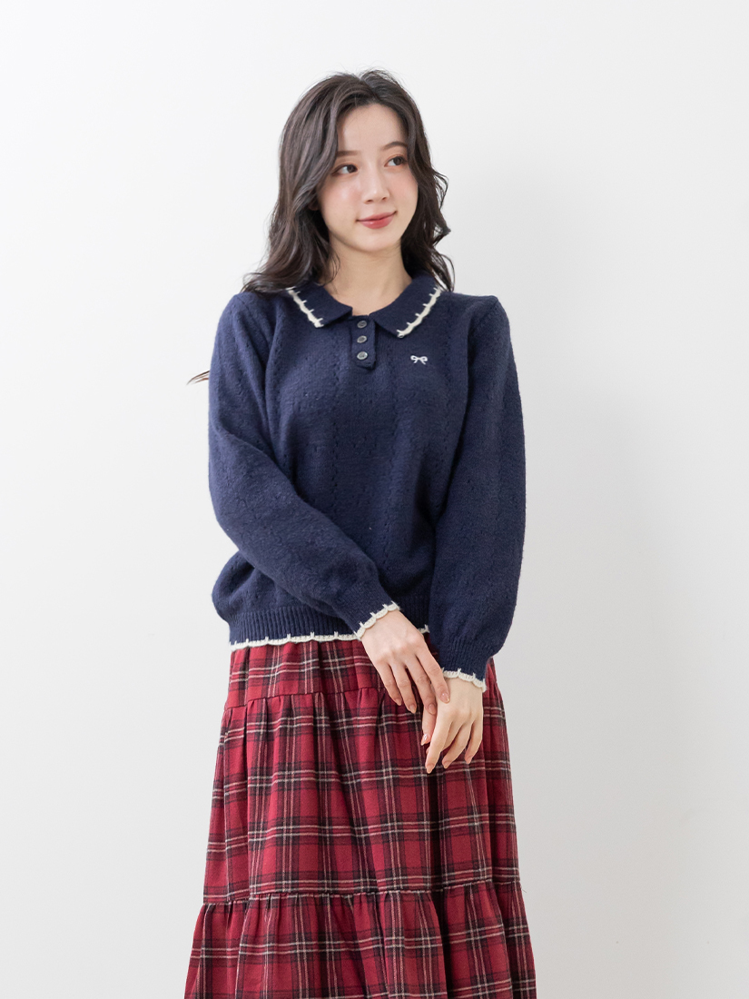 翻領針織上衣格紋法蘭絨長裙組合
