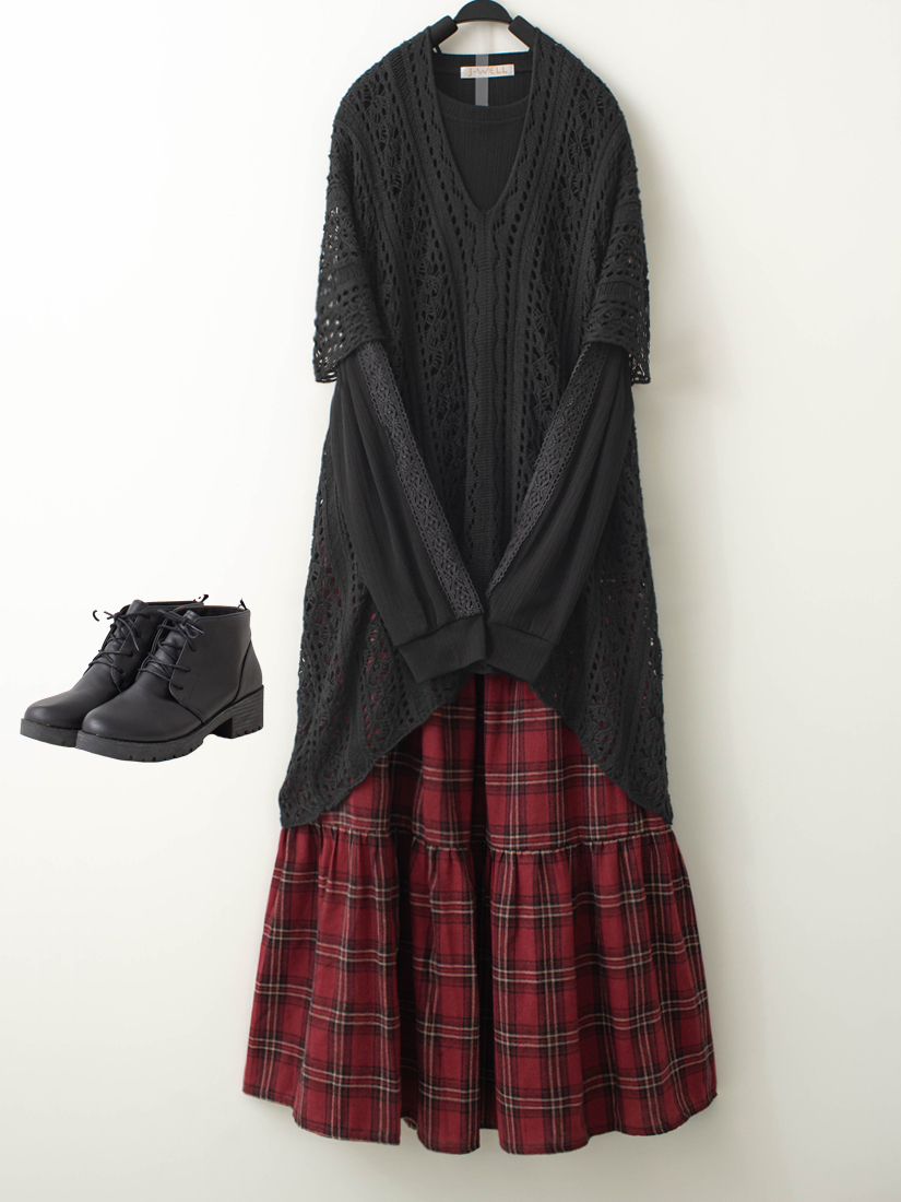 簍空罩衫紋理簍空蕾絲上衣格紋蛋糕裙組合