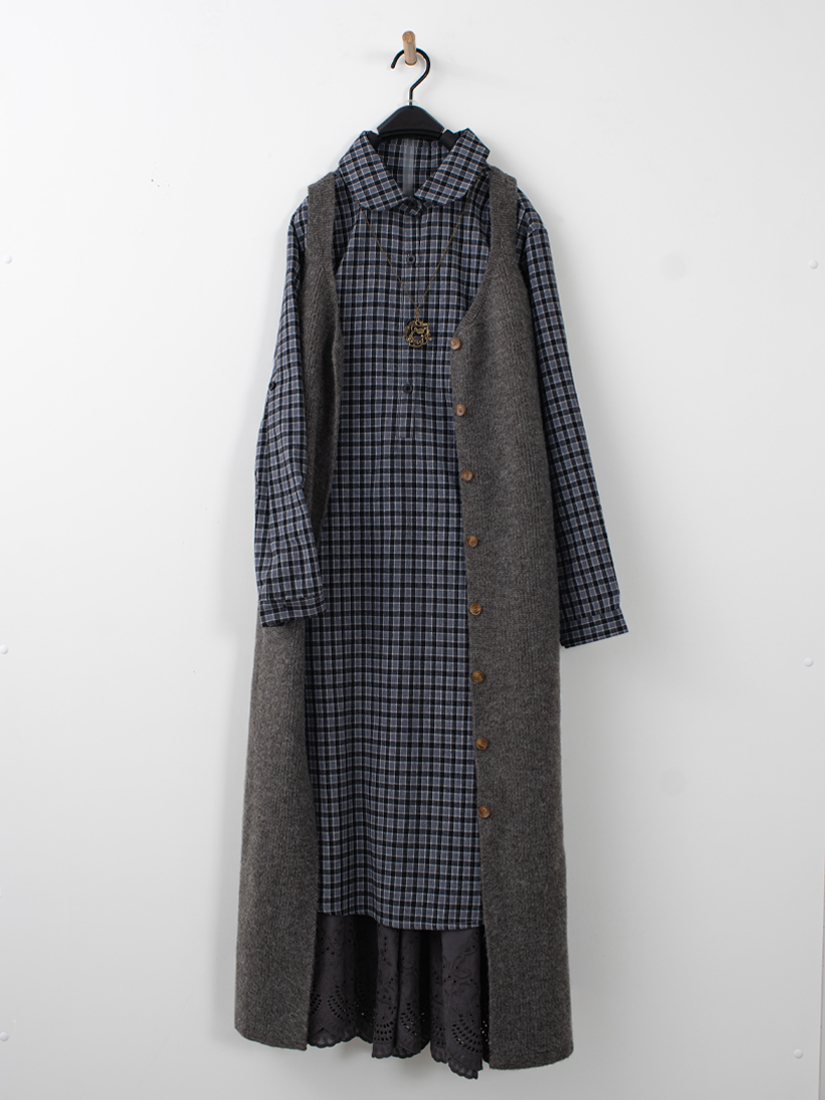 排釦吊帶針織背心格紋半開襟洋裝組合