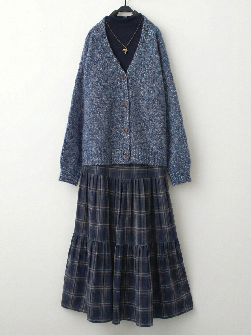 柔軟針織外套磨毛立領內搭學院紋蛋糕裙組合