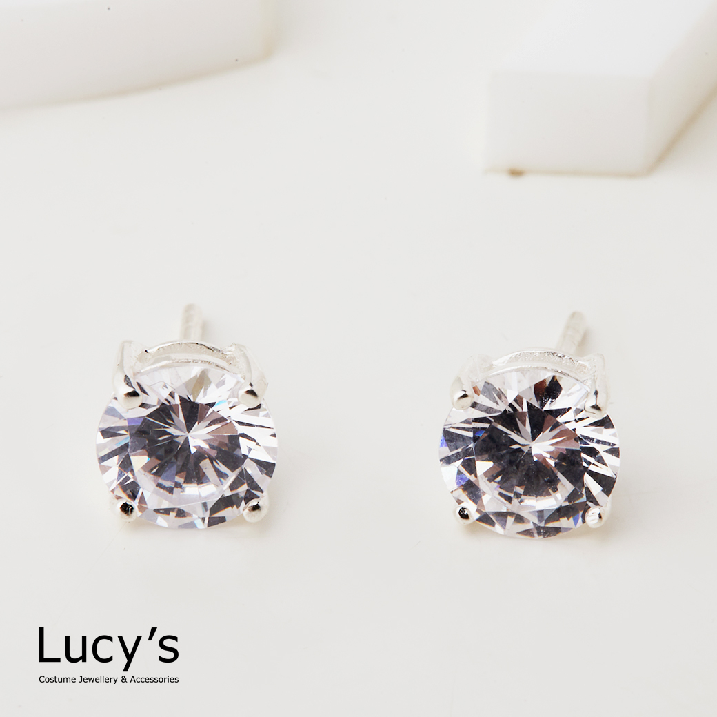 925純銀 四爪圓鑽-0.8CM 耳環 (41471)