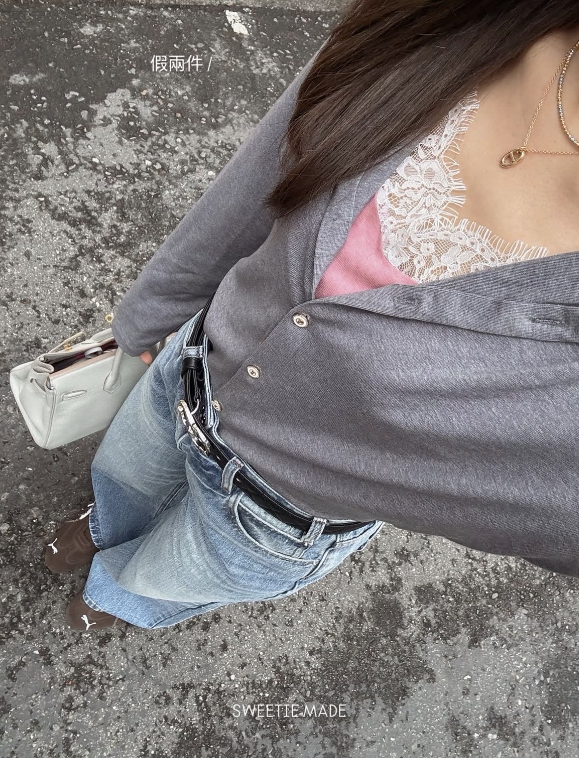 神秘小性感lace 假兩件 - 灰色