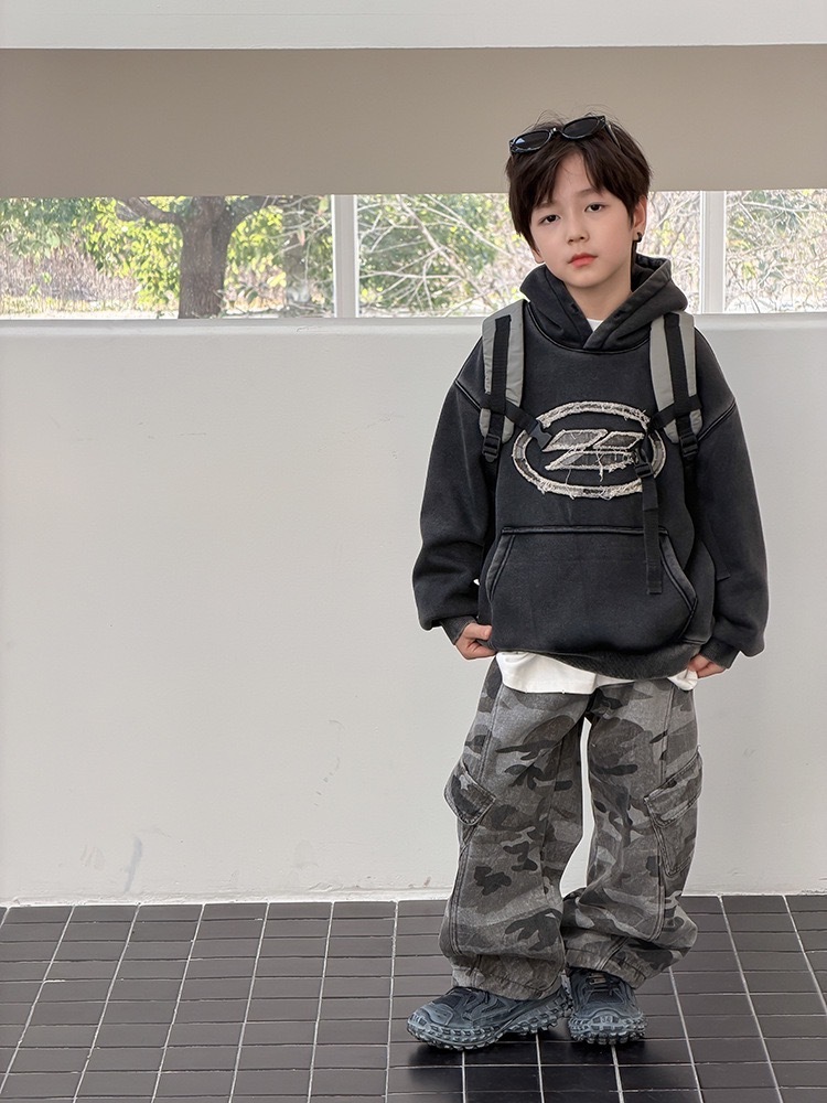 水洗潮褲刷破磨毛連帽衛衣