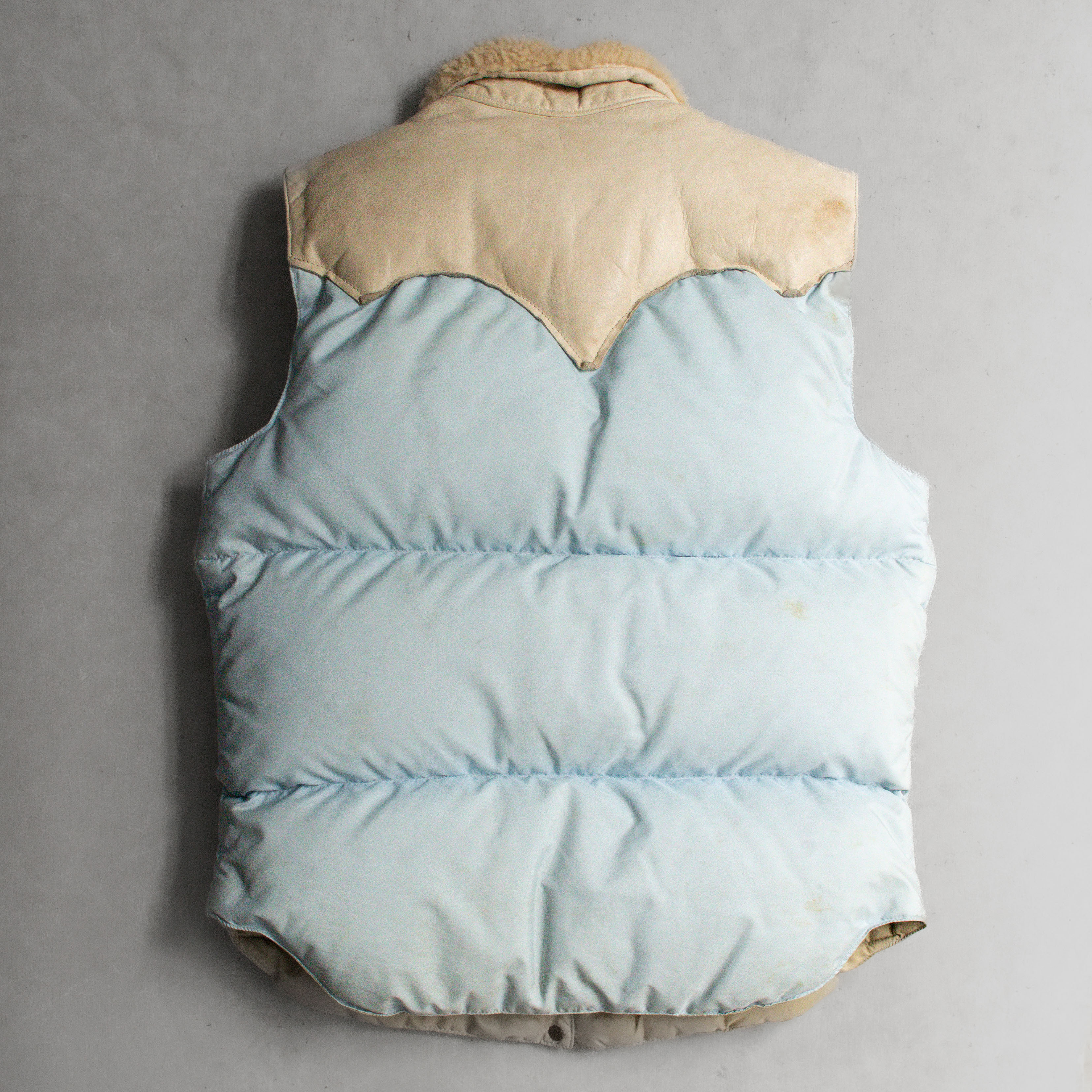 70S ROCKY MOUNTAIN DOWN VEST 美國製 毛領 皮革 約克 粉藍 登山 羽絨 背心
