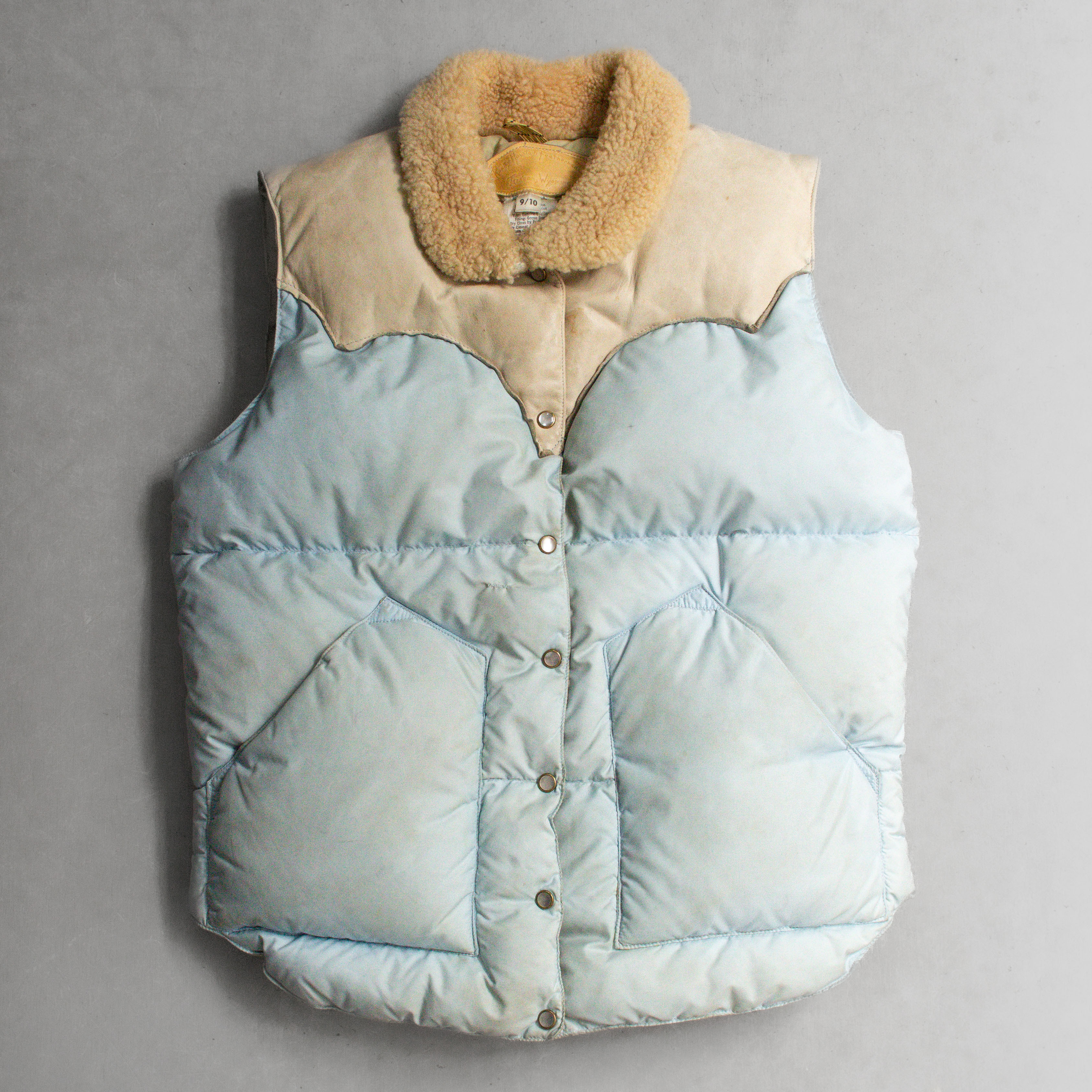 70S ROCKY MOUNTAIN DOWN VEST 美國製 毛領 皮革 約克 粉藍 登山 羽絨 背心