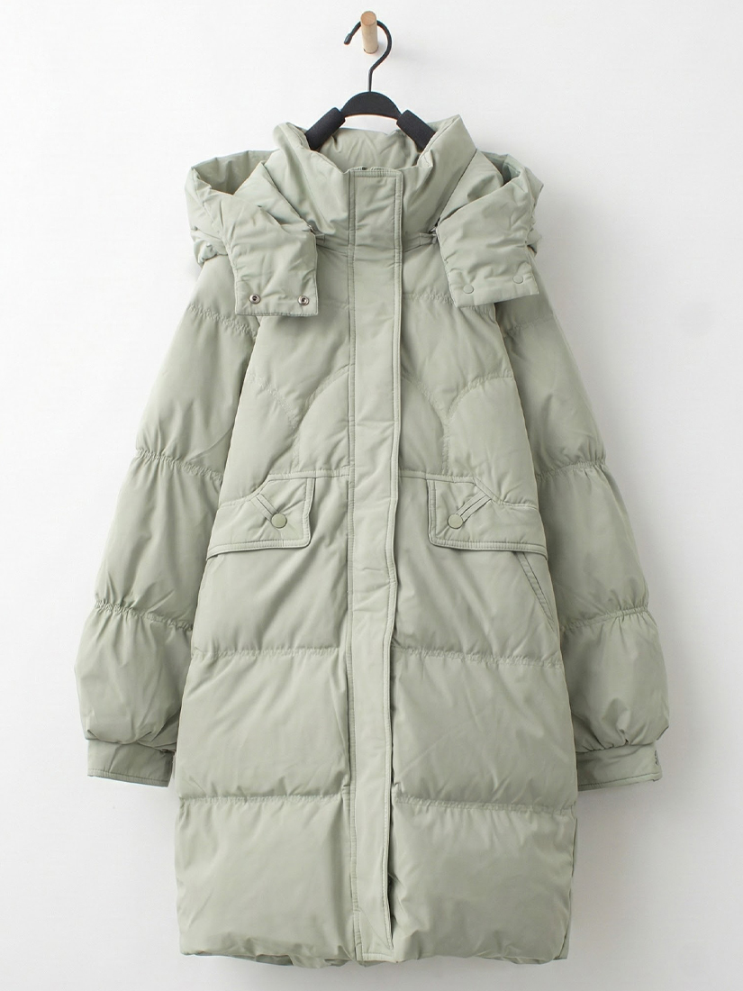 剪接連帽羽絨長版外套格紋法蘭絨蛋糕長裙組合