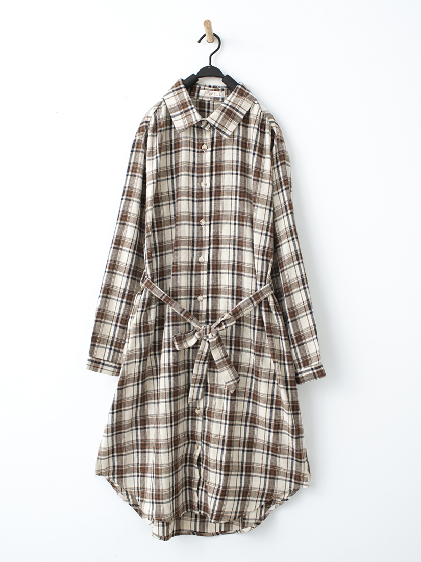 法蘭絨格紋長版綁帶洋裝